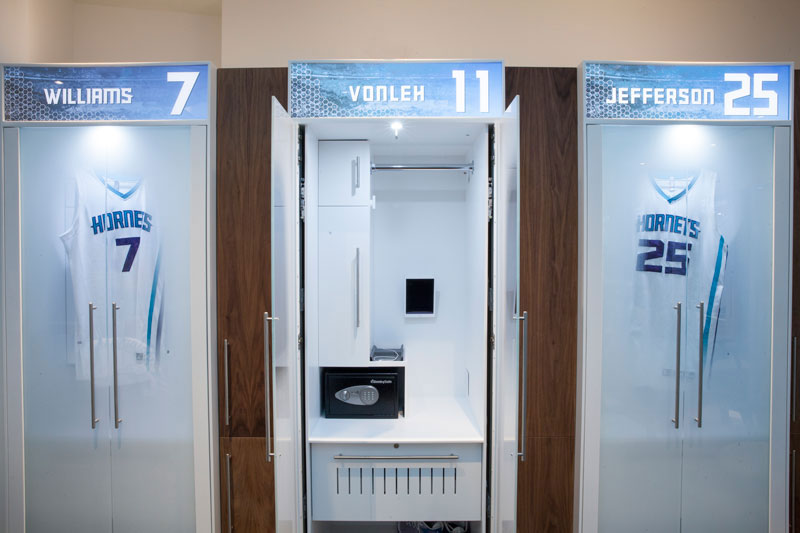 Solid surface and walnut wood NBA locker