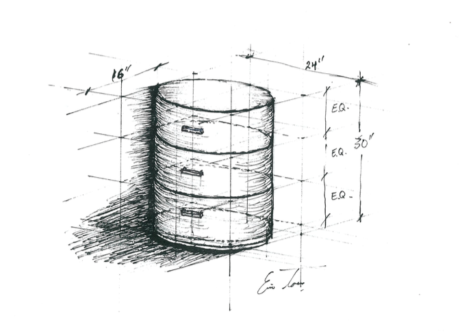 Concept sketch of acrylic solid surface bedside cabinet for UCSD Jacobs Medical Center project with Cannon Design