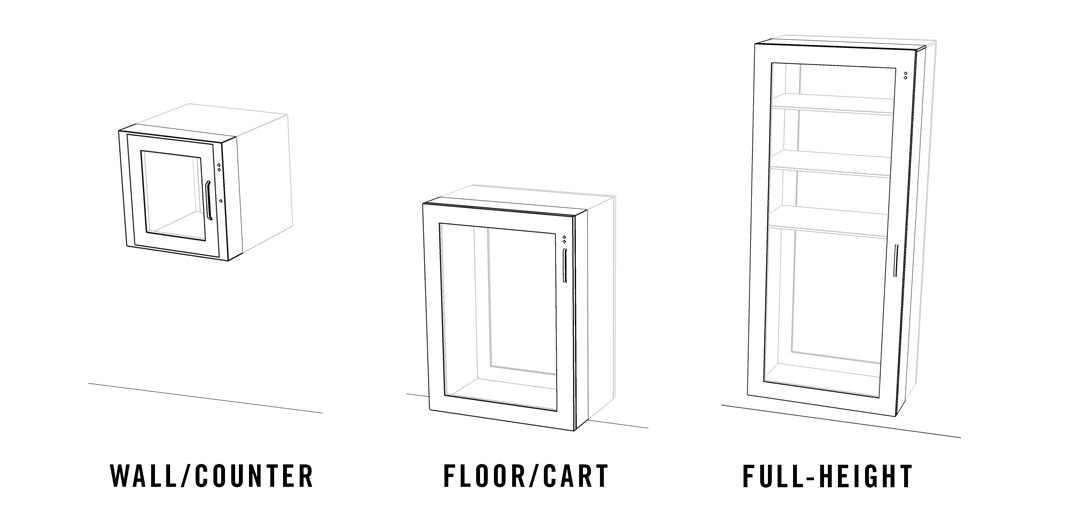 Statement of line for Shield Casework’s USP 797 and USP 800 compliant acrylic solid surface interlocking pass-through cabinets includes wall or countertop, floor or cart, and full-height models